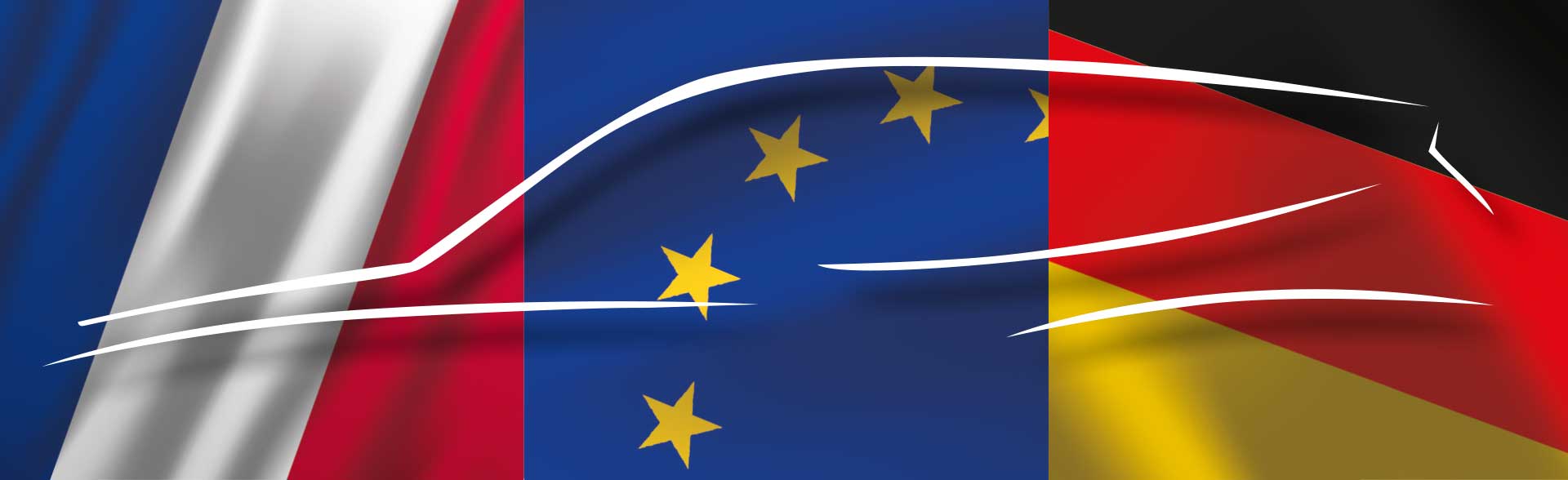 Französische, Deutsche, Europäische Flaggen mit einer Auto silouette im Vordergrund